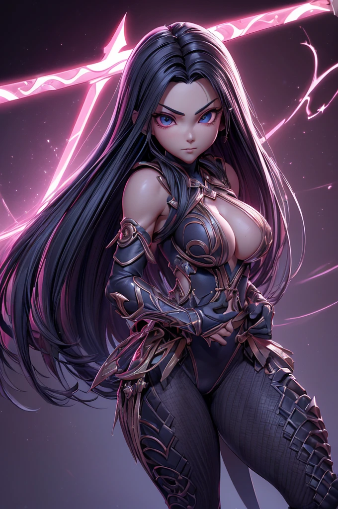 Lonely Girl Android demon with long black hair woman with sexy hips half cyborg modification Beautiful sexy succubus fur with black demonic eyes stands full length sideways Anime Style black background Cyberpunk style, black background image of night black city and blue neon lights 