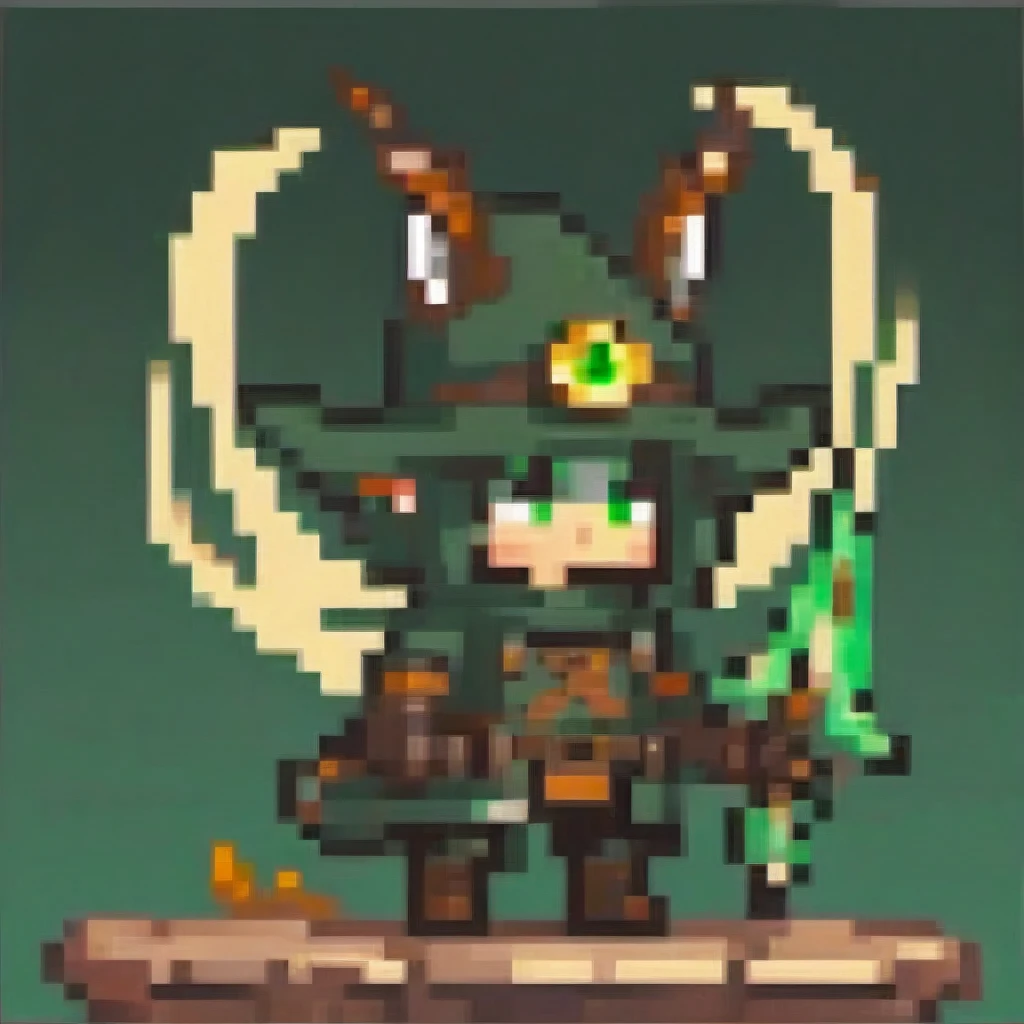 A chibi male character in dark green and brown hunter attire from a wilderness fantasy, holding a glowing crossbow. He has wolf ears and a tail, glowing amber eyes, and antler-like horns. The crossbow glows with a nature effect, and he is in a dynamic aiming pose. The scene features cinematic lighting and moody colors, in a detailed digital art, concept art style.
