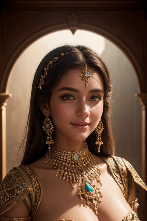 a beautiful young caucasian girl, wearing only an antariya, heavy jewelry covering her bare upper body and small breasts, smiling graciously, detailed eyes, detailed lips, extremely detailed face, long eyelashes, intricate jewelry, detailed textile patterns, 1girl, realistic, photorealistic, photo-realistic:1.37, high quality, 8k, masterpiece:1.2, hyper detailed, highly detailed, ultra-detailed, vivid colors, cinematic lighting, dramatic lighting, beautiful lighting, cinematic composition, dramatic composition