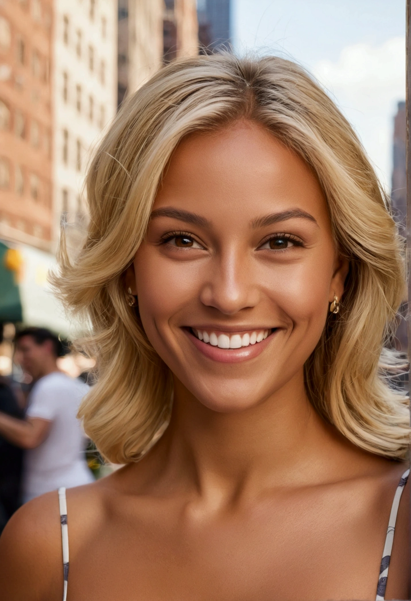 very detailed, women, blond hair, tanned skin, smiling. focus on the face, blond eyes looking at camera. The background is New York City