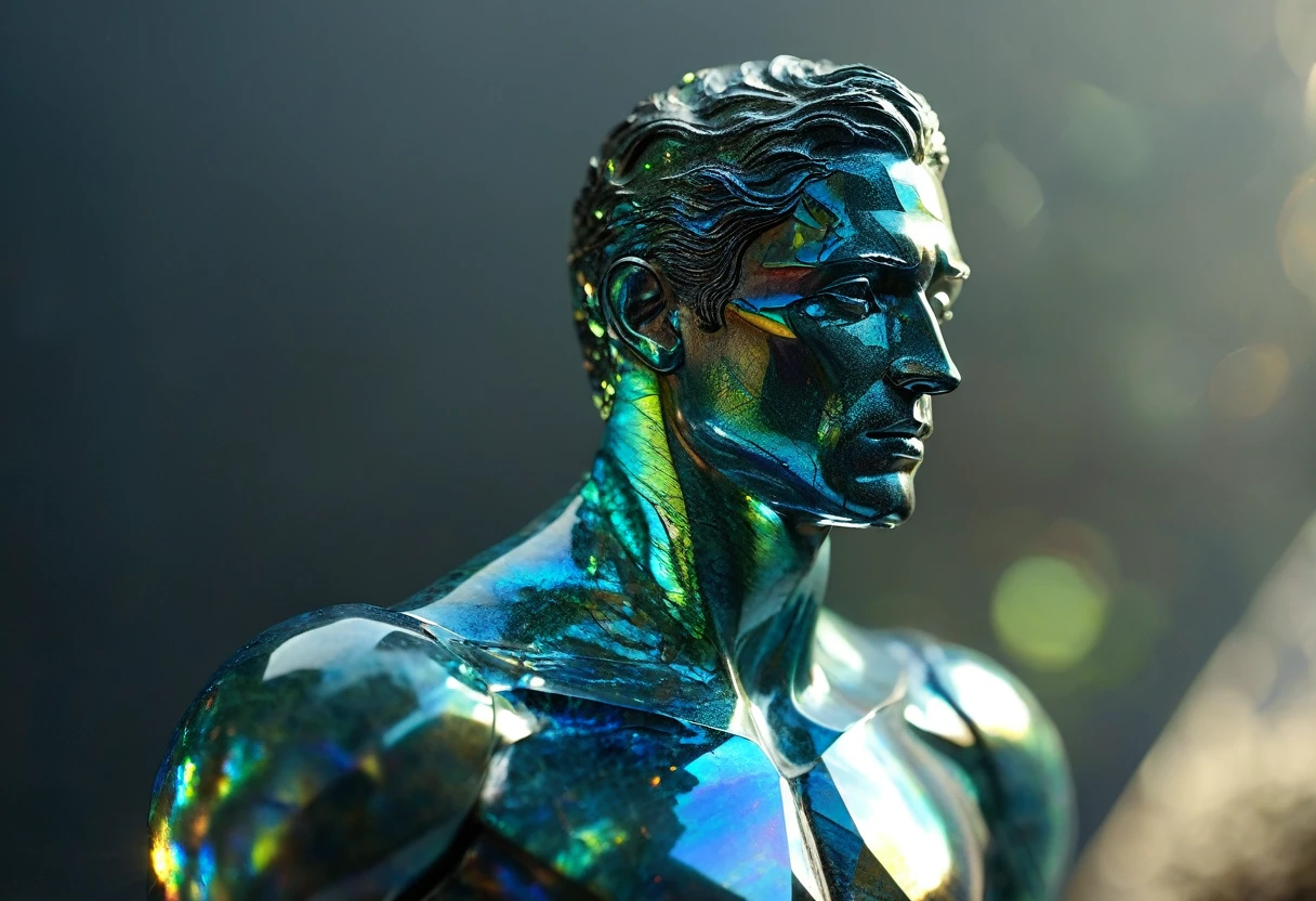 full body view, long distance view, SCULPTURE in labradorite gemstone with shine of a standing man visible from head to toe, iridescent appearance. break, realisitic, ((photorealisitic)), extremely detailded, glass reflection, dark shadows, hard light hard shadows, Shallow depth of field,highly detailded, high budget Hollywood movie, , ((tenebrosa )) , detailded, non-material focus