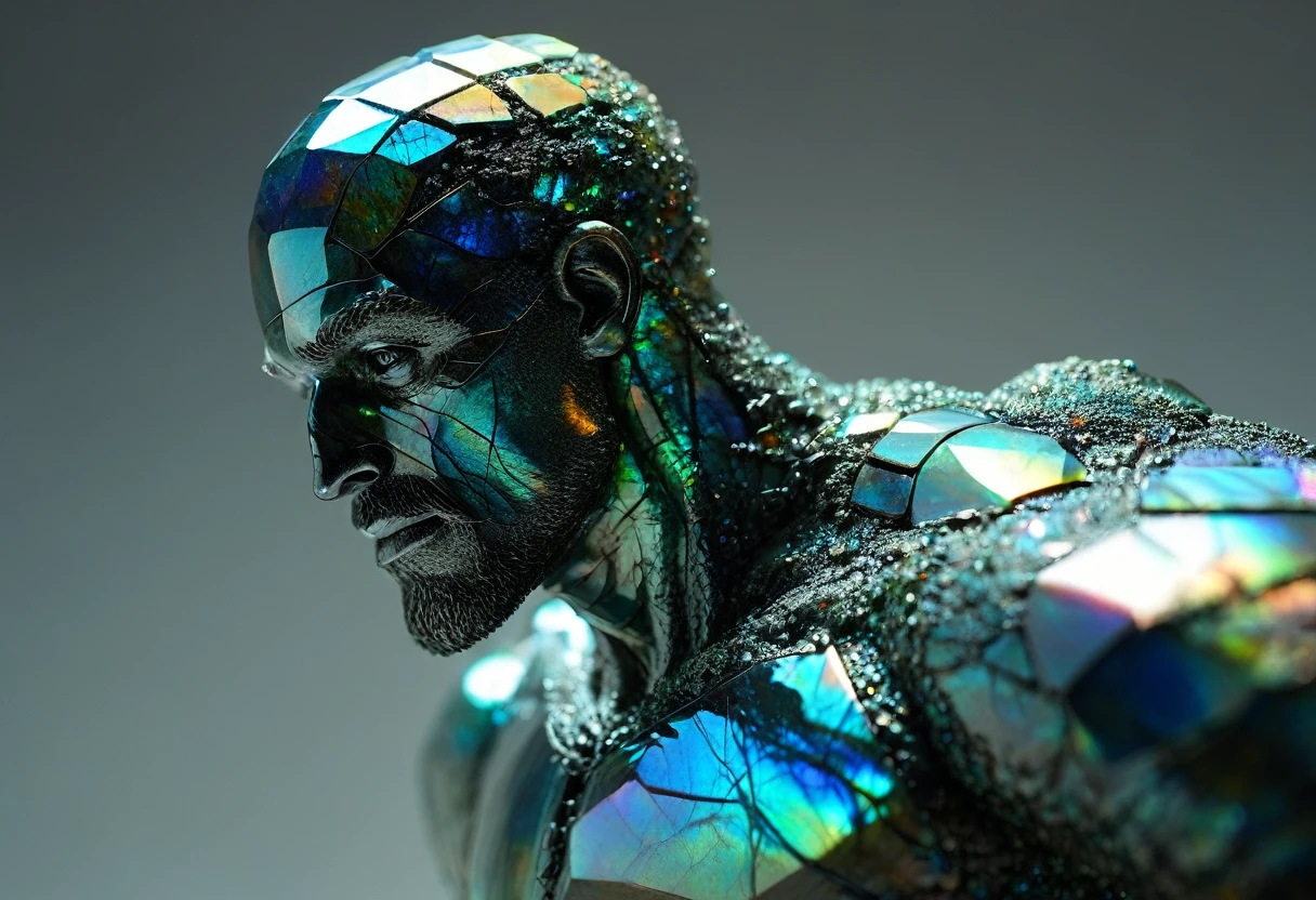 full body view, long distance view, SCULPTURE in labradorite gemstone with shine of a standing man visible from head to toe, iridescent appearance. break, realisitic, ((photorealisitic)), extremely detailded, glass reflection, dark shadows, hard light hard shadows, Shallow depth of field,highly detailded, high budget Hollywood movie, , ((tenebrosa )) , detailded, non-material focus