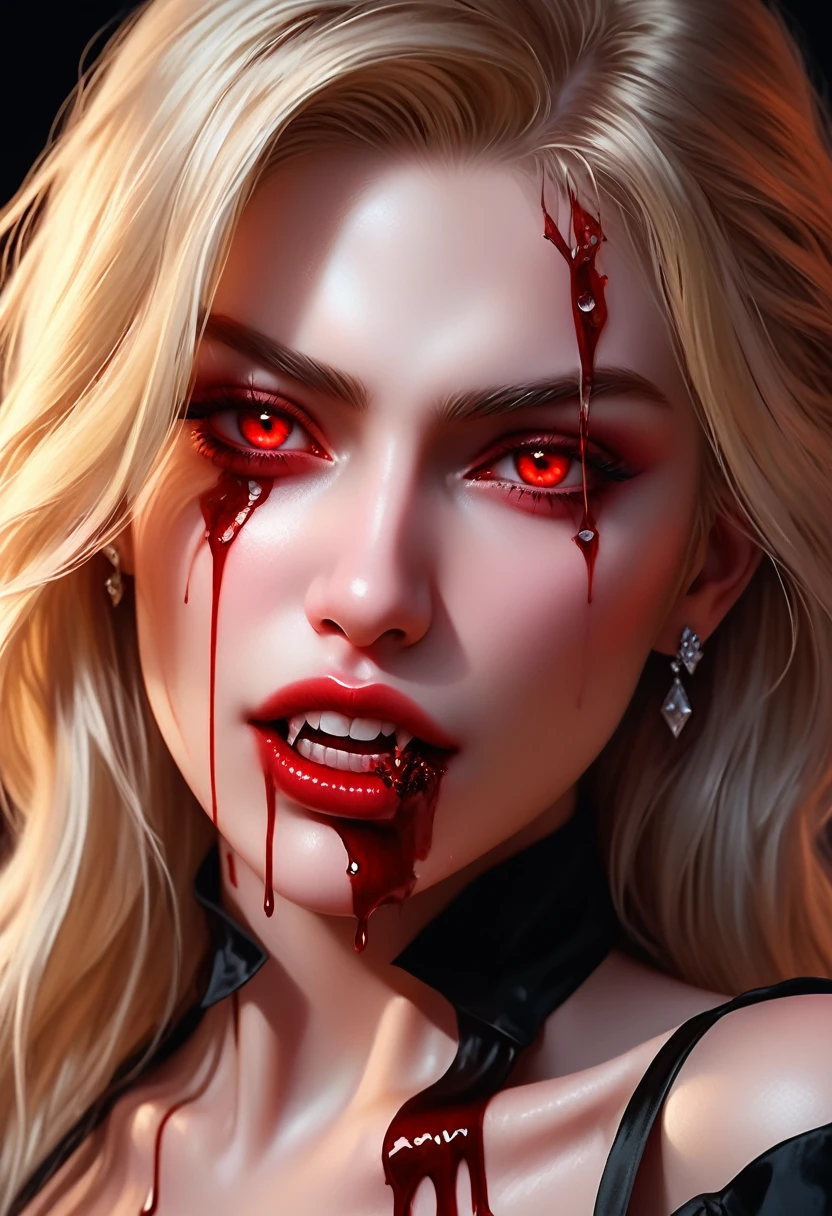 aa portrait of vampire with a bloody tear coming down from he eye, an exotic beautiful female vampire, blond hair color, dynamic hair style, ultra detailed face, best detailed face, (silver eyes: 1.2), ((1single red teardrop, teardrop made of blood coming down from the eye: 1.3)), small cleavage, wearing two black diamond earrings, Ultra-high resolution, High Contrast, (masterpiece:1.5), highest quality, Best aesthetics), 16K fantasy art, best details, best quality, highres, (ultra wide angle: 1.2), 16k, [ultra detailed], masterpiece, best quality, (extremely detailed), ladyshadow, magical sky, crying style, vampire teeth