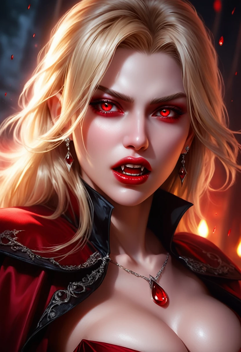 aa portrait of vampire with a bloody tear coming down from he eye, an exotic beautiful female vampire, blond hair color, dynamic hair style, ultra detailed face, best detailed face, (silver eyes: 1.2), ((1single red teardrop, teardrop made of blood coming down from the eye: 1.3)), small cleavage, wearing two black diamond earrings, Ultra-high resolution, High Contrast, (masterpiece:1.5), highest quality, Best aesthetics), 16K fantasy art, best details, best quality, highres, (ultra wide angle: 1.2), 16k, [ultra detailed], masterpiece, best quality, (extremely detailed), ladyshadow, magical sky, crying style, vampire teeth