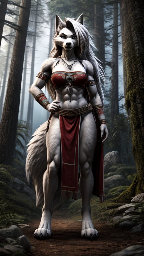 Loona from Helluva Boss, female wolf, anthro, white long messy hair, grey eyes, tall, muscular, massive female, tribal warrior outfit, forest, standing, cold serious, detailed, solo, beautiful, high quality, 4K