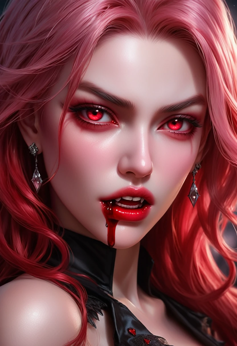 aa portrait of vampire with a bloody tear coming down from he eye, an exotic beautiful female vampire, pink hair color, dynamic hair style, ultra detailed face, best detailed face, silver eye color, ((1single red teardrop, teardrop made of blood coming down from the eye: 1.3)), small cleavage, wearing two black diamond earrings, Ultra-high resolution, High Contrast, (masterpiece:1.5), highest quality, Best aesthetics), 16K fantasy art, best details, best quality, highres, (ultra wide angle: 1.2), 16k, [ultra detailed], masterpiece, best quality, (extremely detailed), ladyshadow, magical sky, crying style, vampire teeth