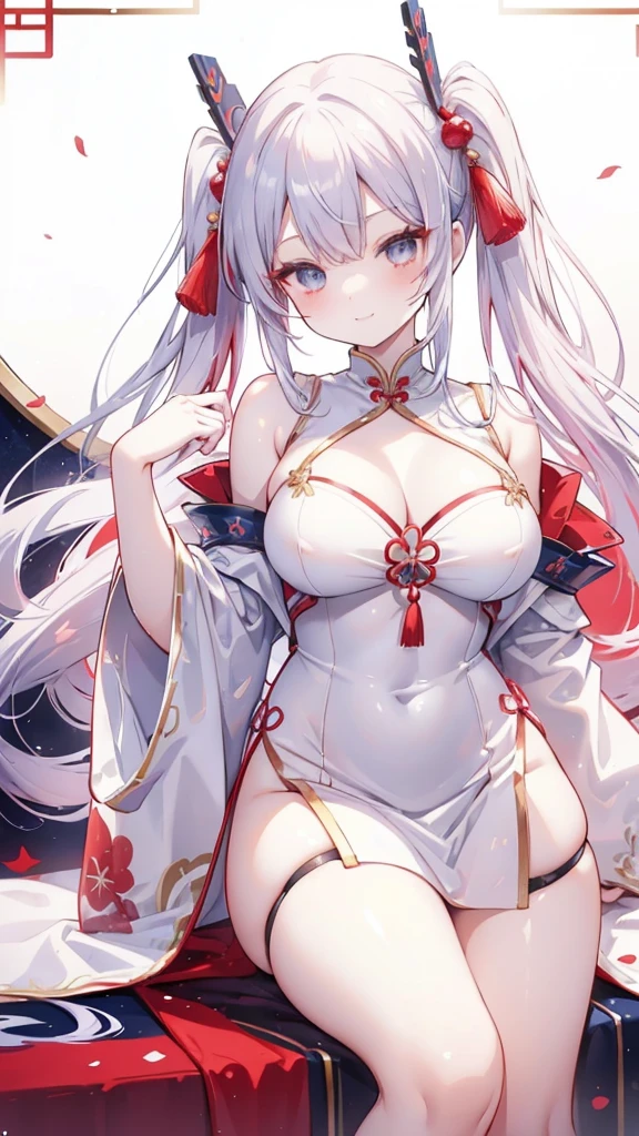 Silver Hair、Twin tails、Red gradient hair、Navy blue hair ornament、Golden hair ornament、Red and navy blue odd eyes、smile、Grown-up、Big Breasts、White Chinese Dress、red decoration、Navy blue decoration、Golden decoration、Silver decoration、Shoulder Bare、Chest、Black tights、Chinatown