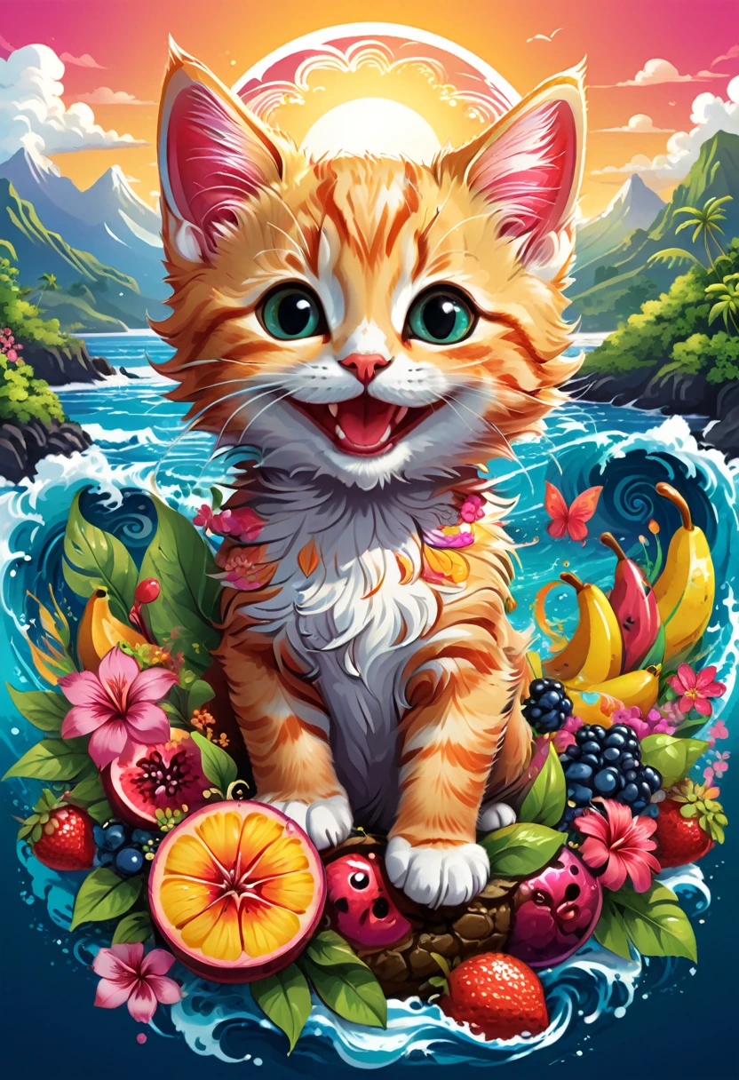  arte vetorial para  t shirt design, of a colorful illustration of a smiling kitten, At the center, swirly vibrant colors, flowers, fruits, high détail,hawaii scenery. t shirt design.
(work of art, UHD quality, details in 16k, proffesional, perfect composition, very aesthetic, absurdrez, super verbose, details Intricate:1.3)