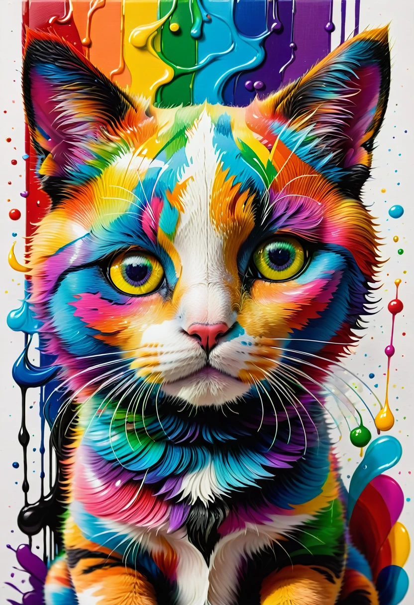 graphics, diverse and fun geometric figures, rainbow, Romero Britto, a head dog, very detailed mane ((White background)), piercing eyes, colorful and cheerful cat, abstrato, Epic Instagram, art station, colorful ink wink style wink+, Contour, hyper-detailed intricately detailed, awesome, details Intricate, splashscreen, colors complementary, conceito realista abstrato Romero Britto de arte, 8k, deviantart masterpiece, oil painting, heavy brush strokes, paint drips, splash arts.