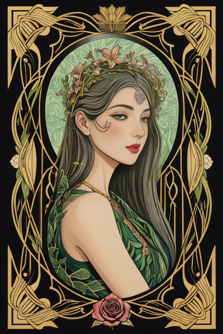 an art deco illustration of the brain blooming with vines and flowers by (tim burton:1.002) , rich detail, floral brain, vegetation, leave and blossoms, anatomy, vibrant, acrylc painting, wide brush strokes, colorful, (miyazaki style:1.27), colourful, autumn colors. positive vibes. (erin hansen style:1.2),((bw:-1.5), fair skin:1.3, gray face:-1.5, hole in face:-2, art deco style:1.5,extreme detail, moss, roots,vine,lillies, rose petals, spring ornaments, (gothic:0.6), dark background, fair skin color