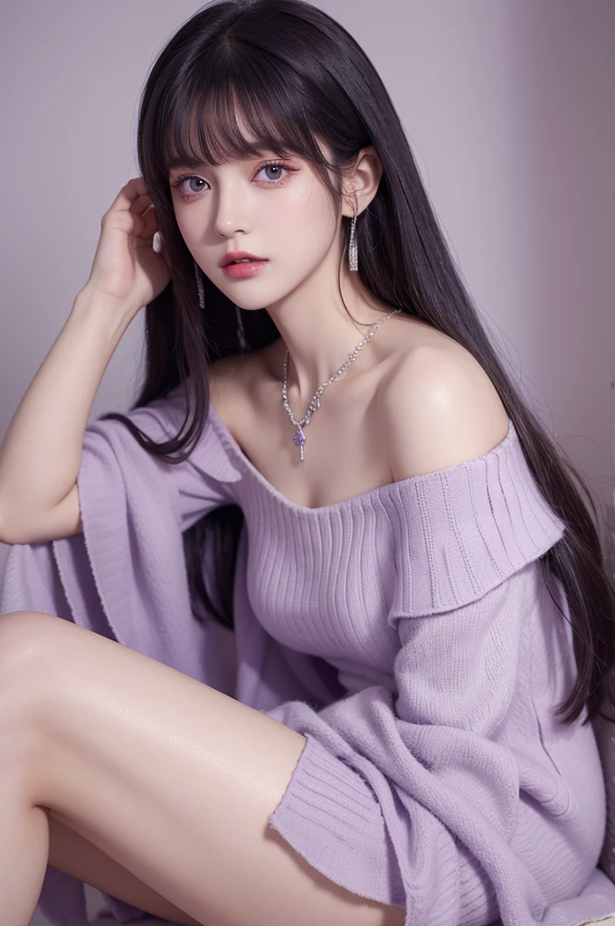 Off-shoulder dress, best quality, high resolution, 1 girl, Super high resolution, Solitary, stocking, Purple Eyes, , Long hair, Bangs,necklace
