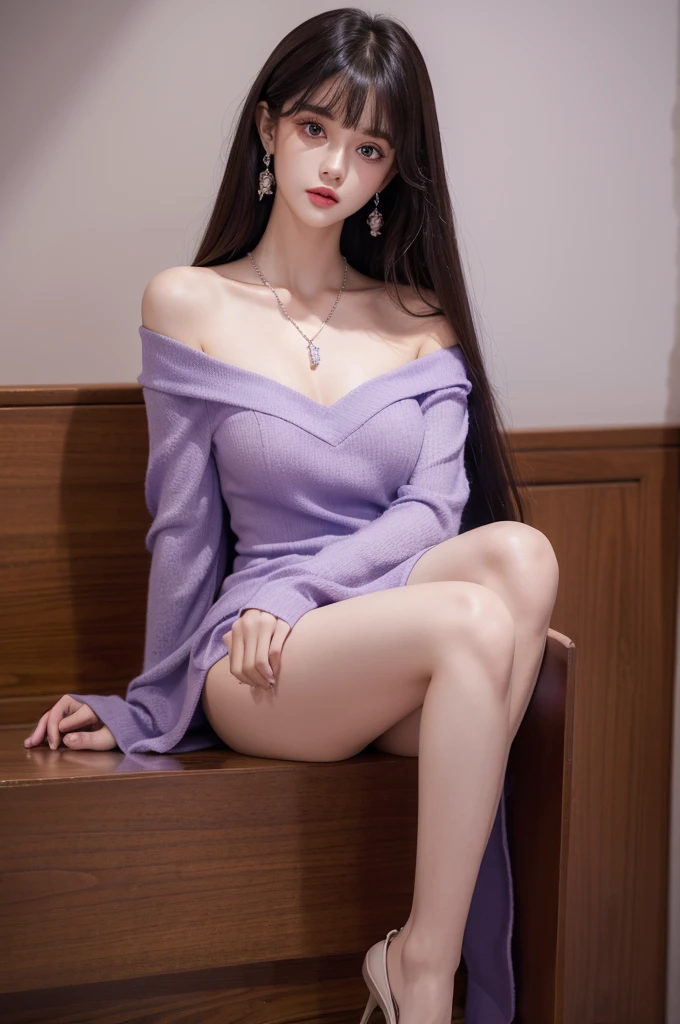 Off-shoulder dress, best quality, high resolution, 1 girl, Super high resolution, Solitary, stocking, Purple Eyes, , Long hair, Bangs，necklace