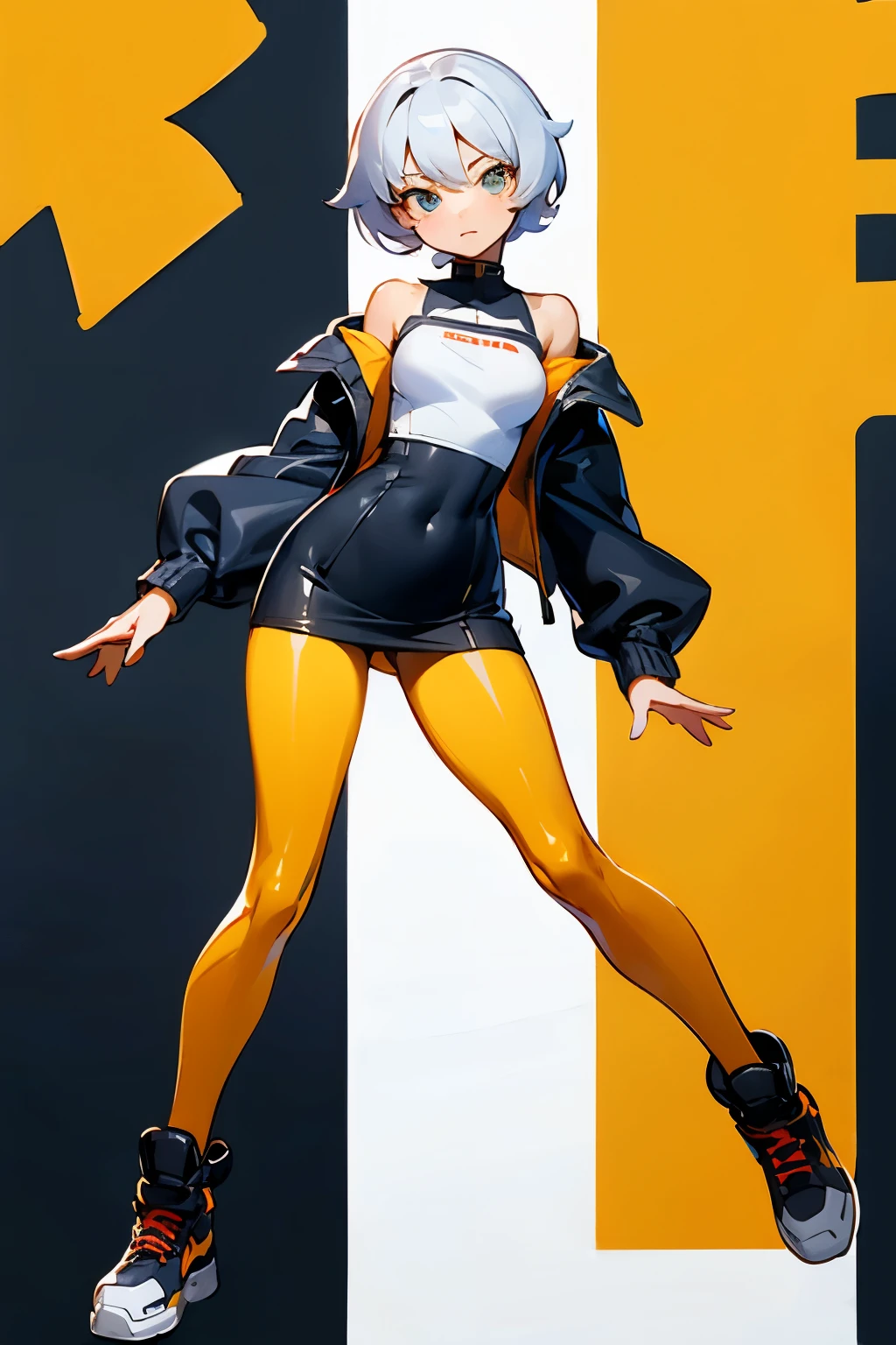 ((best quality)), ((masterpiece)), (detailed), 1girl, off-shoulder jacket, techwear style clothes, black yellow and white clothing, oversized jacket, anime style, front facing pose, shoulders bare, short skirt, tight clothing, big shoes, bodysuit, cute expression

