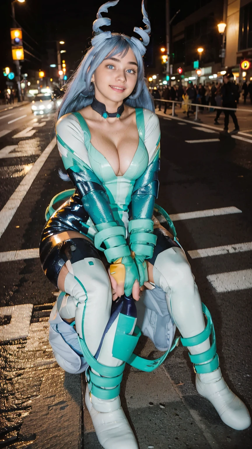 Masterpiece, Best quality, (photorealistic1.4), (UHD), (big breast), (flashphoto), (flash photography), (cleavage), (European model), (young woman), (JenniferConnelly90), (Tokyo Street), (epiCRealLife:1.0), (night time),  (Nejire latex bodysuit), 1girl, solo, long hair, blue eyes, (blue hair), (hair bangs), (drill hair, twin drills), (Nejire Hairstyle), hair horns, very long hair , light blue hair, (Nejire Yellow gloves), (look at viewers),  (Nejire light smile), (squat poses)