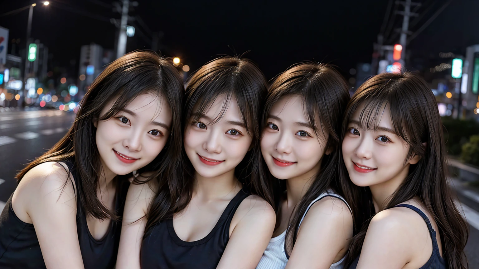 3 girls, tokyo road,nighttime, city scenery,city lights,upper body,close up,smile,, (8ก, raw photos, best quality, Masterpiece:1.2),(realistic, photo-realistic:1.37), ((Wear a tank top ))