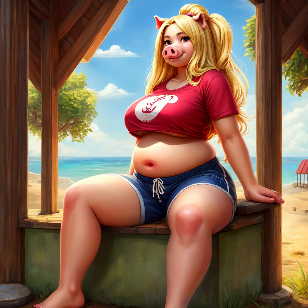 ((Best quality)), ((masterpiece)), (detailed), pig, pig girl, furry pig, big body, большой body, is sitting, smooth belly, shorts, серые shorts, T-shirt, View from afar, long hair, blonde hair, Beautiful face, skinny face, age 45, voluminous hair , curly hair, pig furry, Only 1 character, надутый belly, very big body, fat body, bloated body, pumped body, body looks like an inflated ball, backyard of the house, round belly, smooth belly, pump, belly is round, Navel, Long legs, nipples under a t-shirt