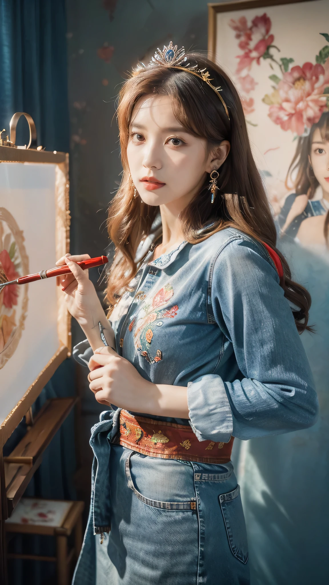 Best quality, masterpiece, super detailed high resolution, (realistic: 1.4), watercolor style, illustration, dazzling background color,, 1 Girl Holding Weapon, (Solo Exhibition: 1.2), (Denim Lens: 1.2), (Hair Crown: 1.2), Chinese Dunhuang Traditional Costume, No Straps, (Red Eyeliner: 1.2), (: 1.4), Earrings, Dynamic Angle, Opera House, messy_long_hair, Ink, Movie Lights, lens_flare, Velvet, Chrysanthemum, Tassels, Ribbons, Color Embroidery,