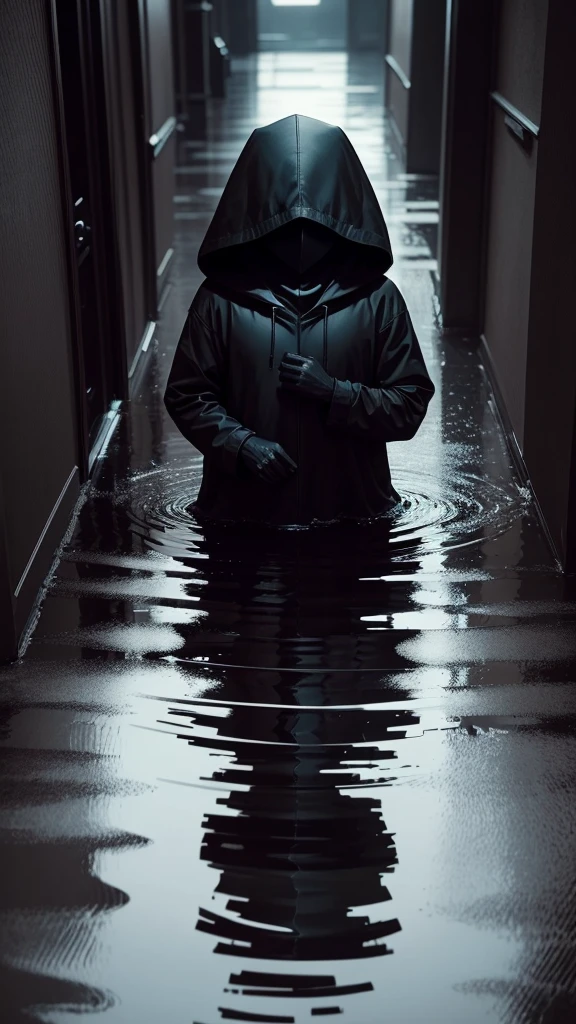 A mysterious and threatening figure, partially hidden in shadows. It could be a hooded figure or a sinister creature, with eyes glowing in the dark. The silhouette must be imposing, instilling a sense of imminent danger, Add subtle horror elements, like shadows that seem to have a life of their own, esoteric symbols drawn on the walls, or disturbing reflections in puddles of water, The style should be dark and disturbing, with predominantly dark colors (blackw, gris, deep purple). Use grainy textures and distortion effects to increase the feeling of discomfort