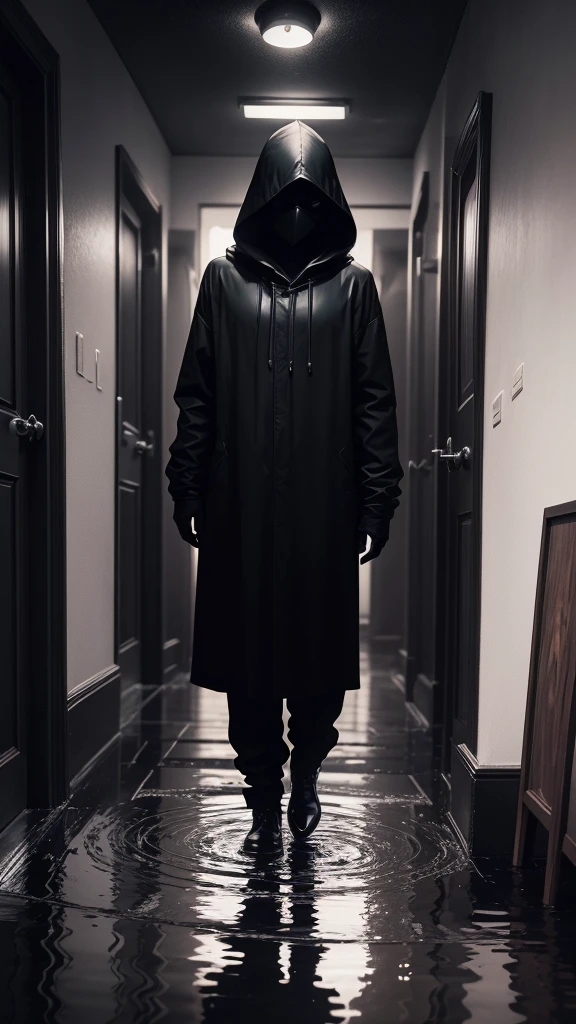 A mysterious and threatening figure, partially hidden in shadows. It could be a hooded figure or a sinister creature, with eyes glowing in the dark. The silhouette must be imposing, instilling a sense of imminent danger, Add subtle horror elements, like shadows that seem to have a life of their own, esoteric symbols drawn on the walls, or disturbing reflections in puddles of water, The style should be dark and disturbing, with predominantly dark colors (blackw, gris, deep purple). Use grainy textures and distortion effects to increase the feeling of discomfort