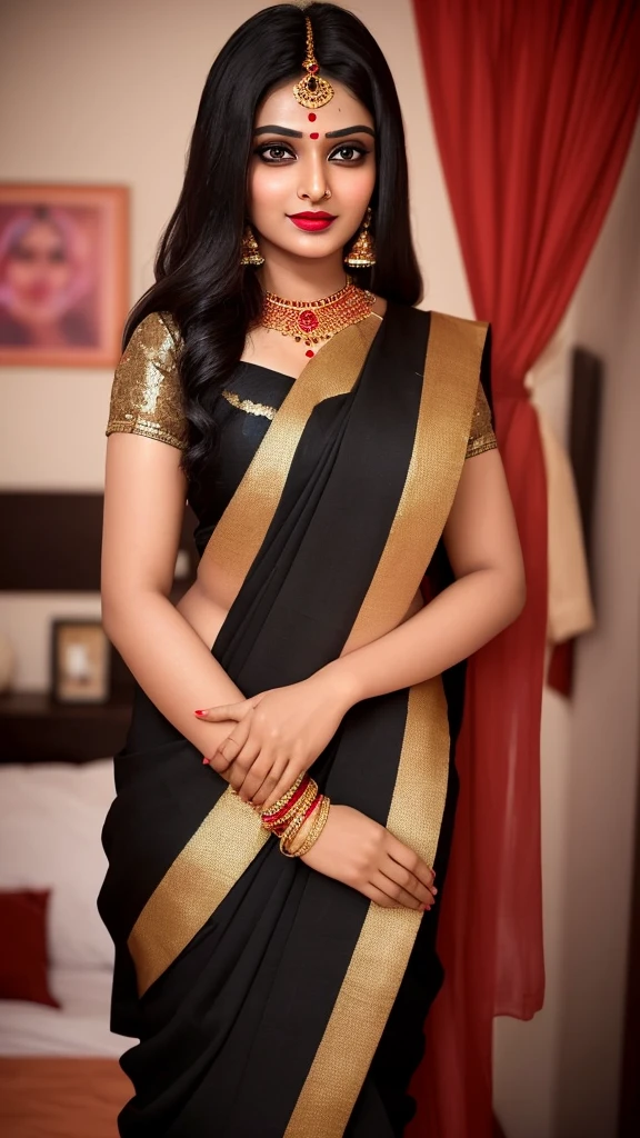 A beautiful Indian girl whose age is 29 years, who is very beautiful to look at, is wearing a black colored saree, has applied red colored lipstick on her cheeks. She is standing in front of her husband in her bedroom, all dressed up, her body is very beautiful and attractive.