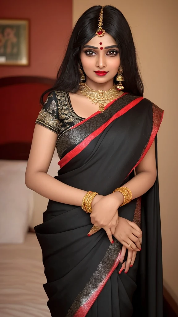 A beautiful Indian girl whose age is 29 years, who is very beautiful to look at, is wearing a black colored saree, has applied red colored lipstick on her cheeks. She is standing in front of her husband in her bedroom, all dressed up, her body is very beautiful and attractive.