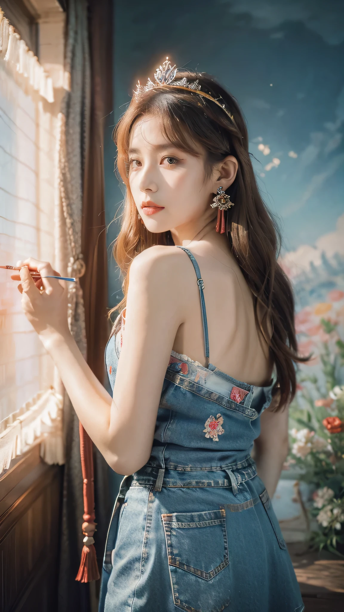 Best quality, masterpiece, super detailed high resolution, (realistic: 1.4), watercolor style, illustration, dazzling background color,, 1 Girl Holding Weapon, (Solo Exhibition: 1.2), (Denim Lens: 1.2), (Hair Crown: 1.2), Chinese Dunhuang Traditional Costume, No Straps, (Red Eyeliner: 1.2), (: 1.4), Earrings, Dynamic Angle, Opera House, messy_long_hair, Ink, Movie Lights, lens_flare, Velvet, Chrysanthemum, Tassels, Ribbons, Color Embroidery,