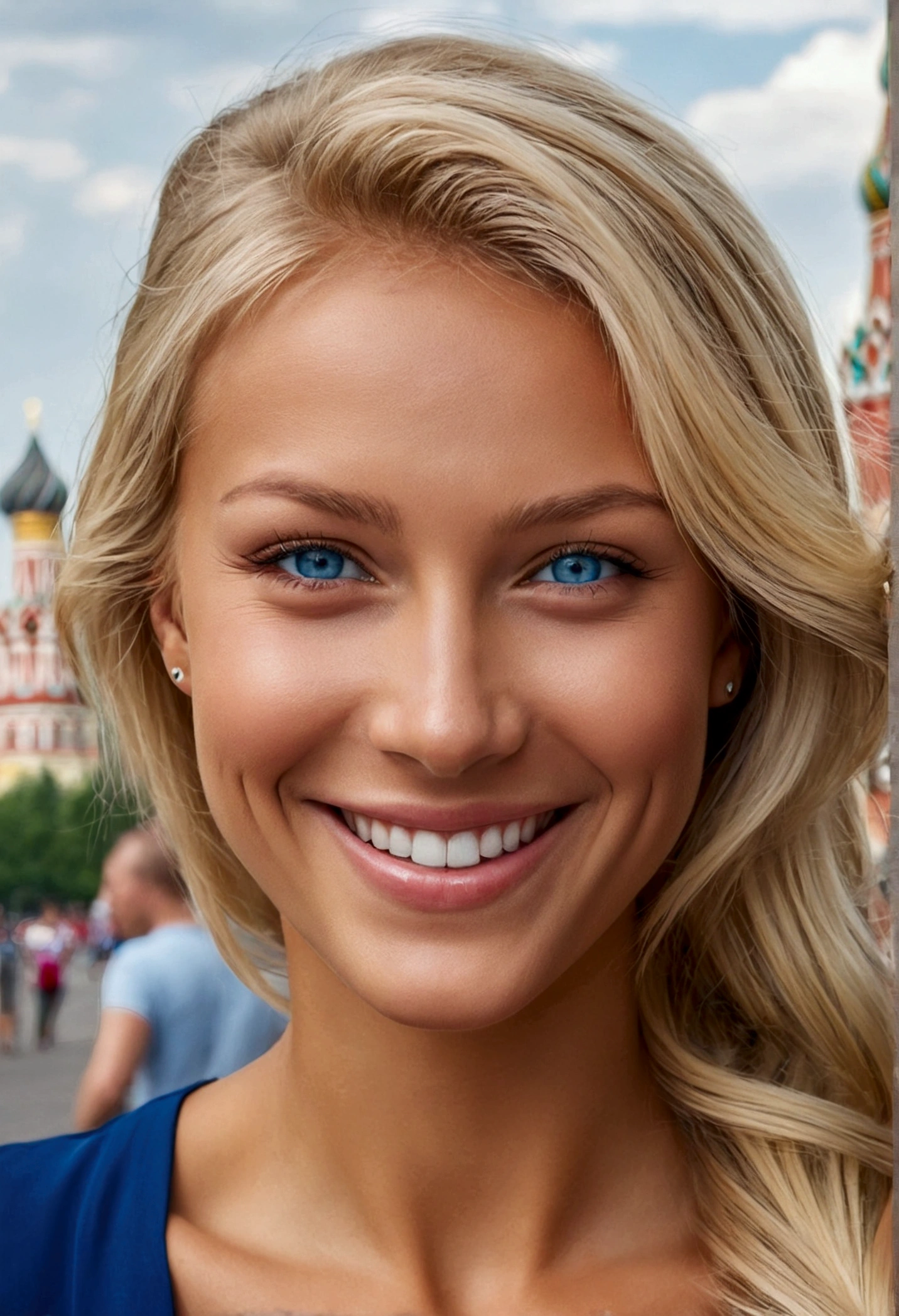 very detailed, women, blond hair, tanned skin, smiling. focus on the face, blue eyes looking at the camera. The background is the city of Moscow 