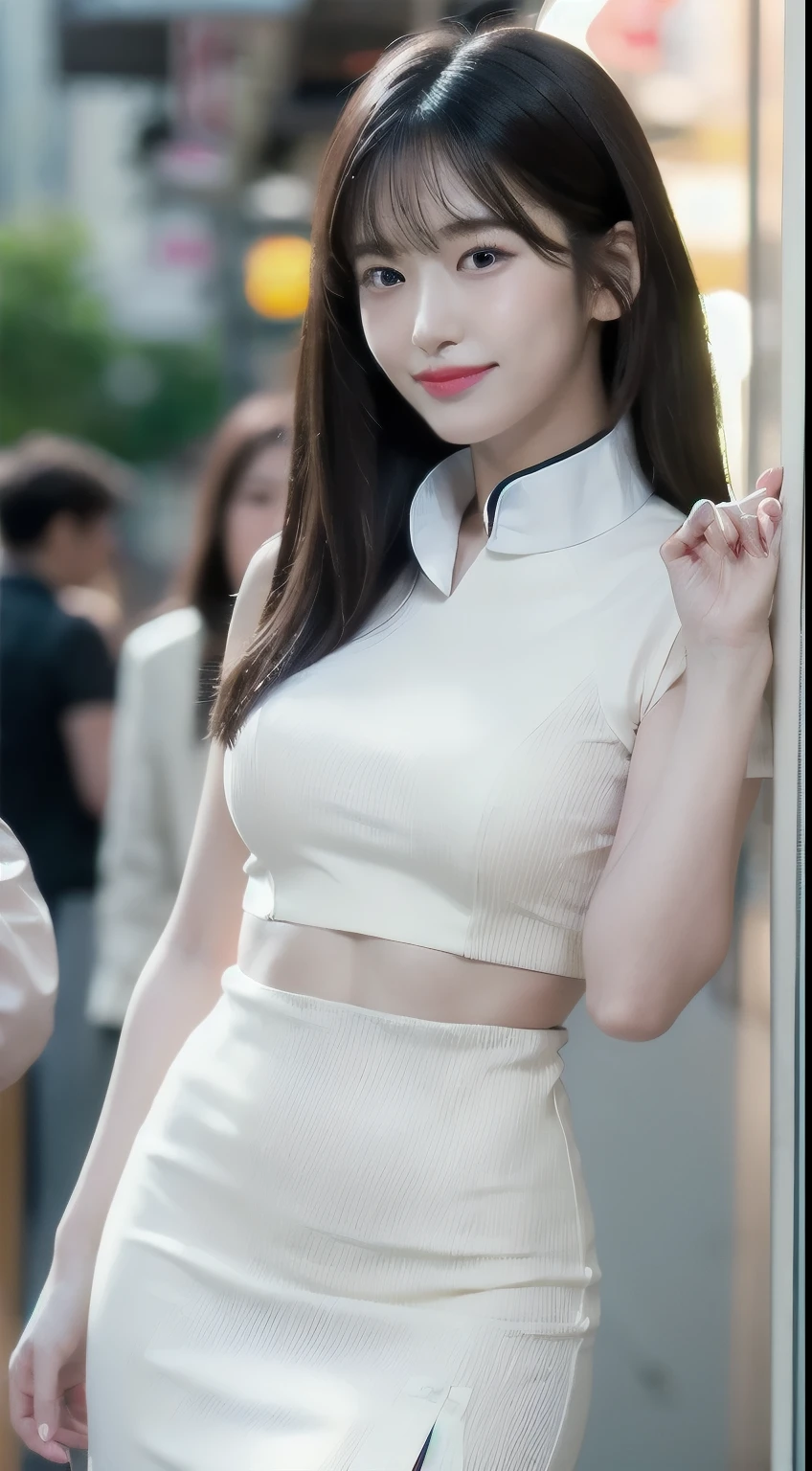 (Best Quality, 8K, masutepiece, Ultra HD: 1.3), 1girl in, smallunderboob, light brown hair, Blunt bangs, hair behind ear, hair over shoulder, Long hair, slender body shape, Ultra Fine Face, Delicate lips, Beautiful eyes, Double eyelids, lipsticks,A gaze that invites you, Ultra-thin hands, Ultra-fine fingers, shirt with collar, qipao dress, beauty legs ,Chinatown , KPOP Idol Face,ssmile