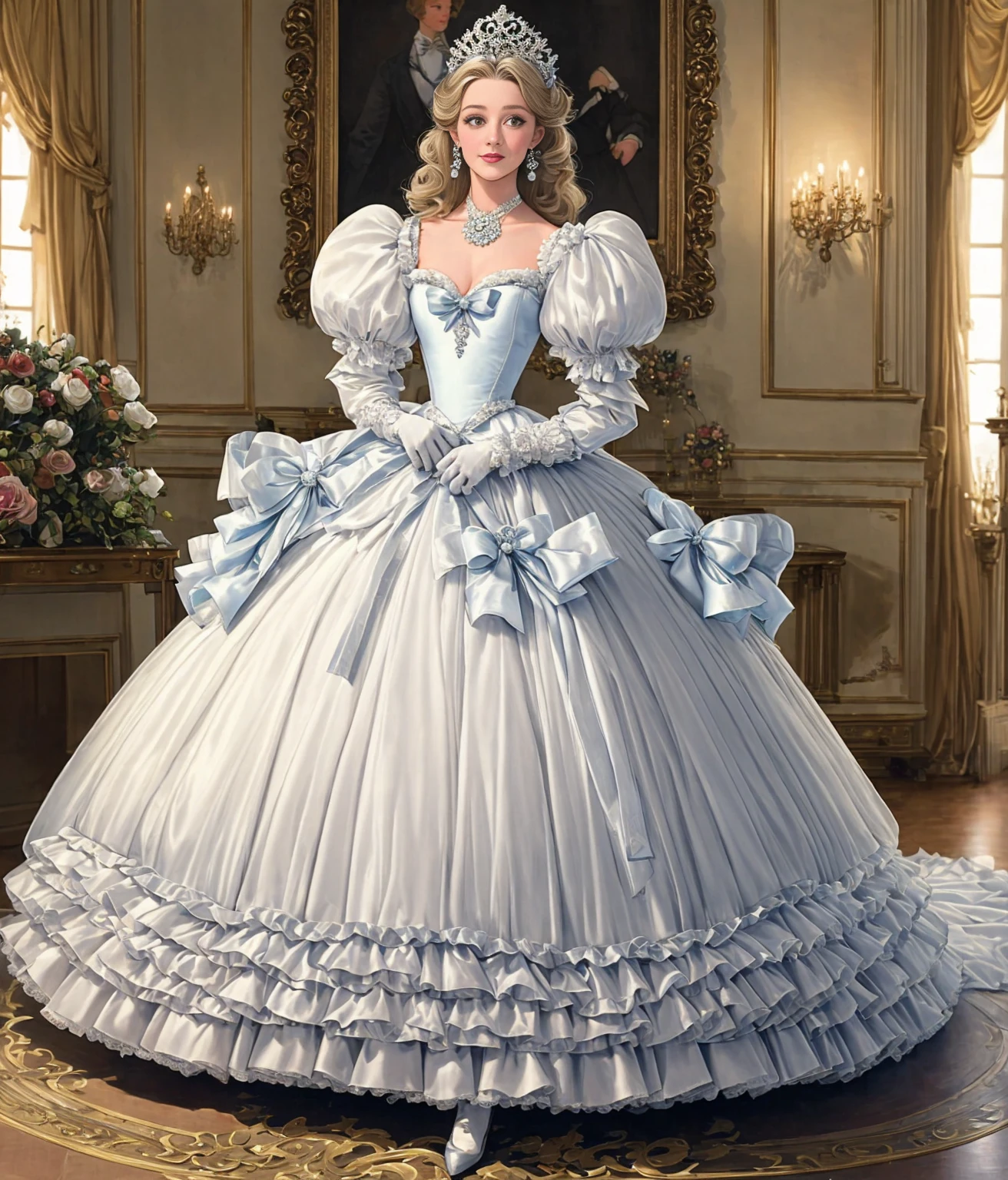 John Tenniel art, serious Greer Grammer wearing a stately and (((elaborate))) Royal Cinderella ballgown of white satin and tulle adorned with large satin poufs, (((huge ribbon bows))), roses, lace, frills, flounces, silver embroidery, silver braid, and jewels, with (((enormous puffed sleeves))), a very stiff padded and whaleboned bodice, and a (((voluminous crinoline hoopskirt))), (((bustle))) and long train, long white gloves, pearl and diamond necklace and earrings, elaborately curled and styled hair, single woman , background is a fancy hall , woman in regal pose ,