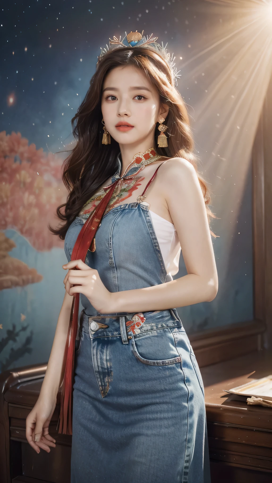 Best quality, masterpiece, super detailed high resolution, (realistic: 1.4), watercolor style, illustration, dazzling background color,, 1 Girl Holding Weapon, (Solo Exhibition: 1.2), (Denim Lens: 1.2), (Hair Crown: 1.2), Chinese Dunhuang Traditional Costume, No Straps, (Red Eyeliner: 1.2), (: 1.4), Earrings, Dynamic Angle, Opera House, messy_long_hair, Ink, Movie Lights, lens_flare, Velvet, Chrysanthemum, Tassels, Ribbons, Color Embroidery,