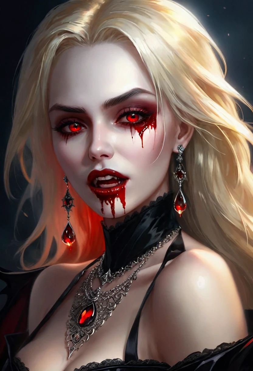 a portrait of vampire with a bloody tear coming down from the eye, an exotic beautiful female vampire, blond hair color, dynamic hair style, ultra detailed face, best detailed face, silver eye color, ((1single red teardrop, teardrop made of blood coming down from the eye: 1.3)), small cleavage, wearing two black diamond earrings, Ultra-high resolution, High Contrast, (masterpiece:1.5), highest quality, Best aesthetics), 16K fantasy art, best details, best quality, highres, (ultra wide angle: 1.2), 16k, [ultra detailed], masterpiece, best quality, (extremely detailed), ladyshadow, magical sky, crying style, vampire teeth, goth person