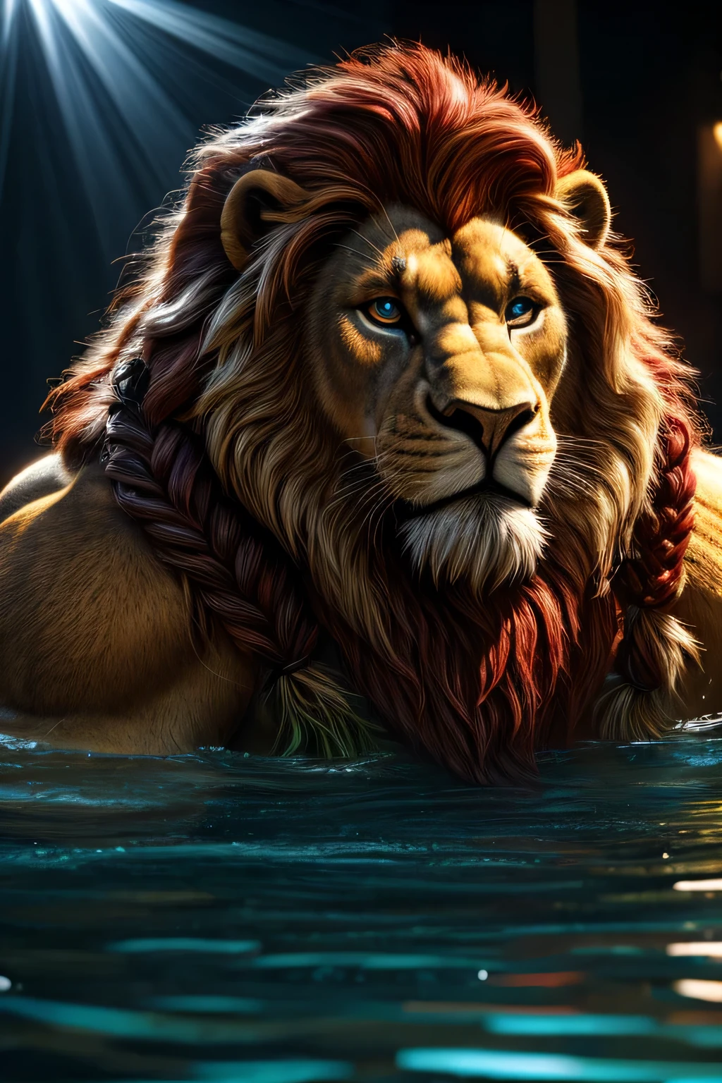 a very very very very very big and fat lion with a long blonde and red mane, beautiful detailed eyes, braided black beard, realistic hand, long fur, very hairy, very extremely obese lion, very very very very very very very big and fat belly, tight red boxer, in a little swimming, face portrait, photorealistic, highly detailed, 8k, ultra-realistic, HDR, studio lighting, physically-based rendering, cinematic lighting, dramatic lighting, warm color tones, vibrant colors