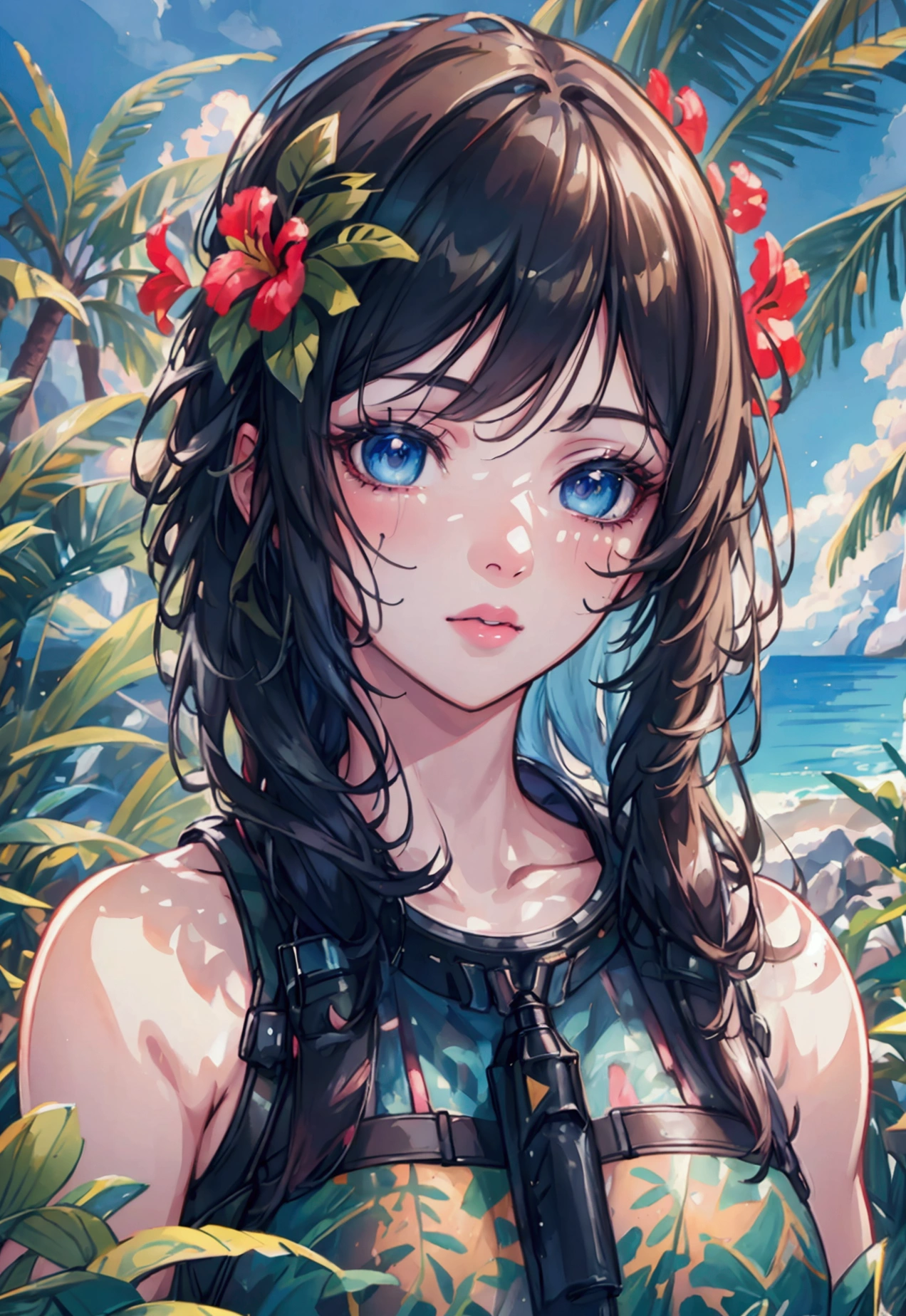 a young female explorer on a tropical island, detailed portrait, beautiful detailed eyes, beautiful detailed lips, extremely detailed face, long eyelashes, adventurous expression, hiking gear, tropical foliage background, golden hour lighting, cinematic composition, vibrant colors, (best quality,4k,8k,highres,masterpiece:1.2),ultra-detailed,(realistic,photorealistic,photo-realistic:1.37),landscape,adventure