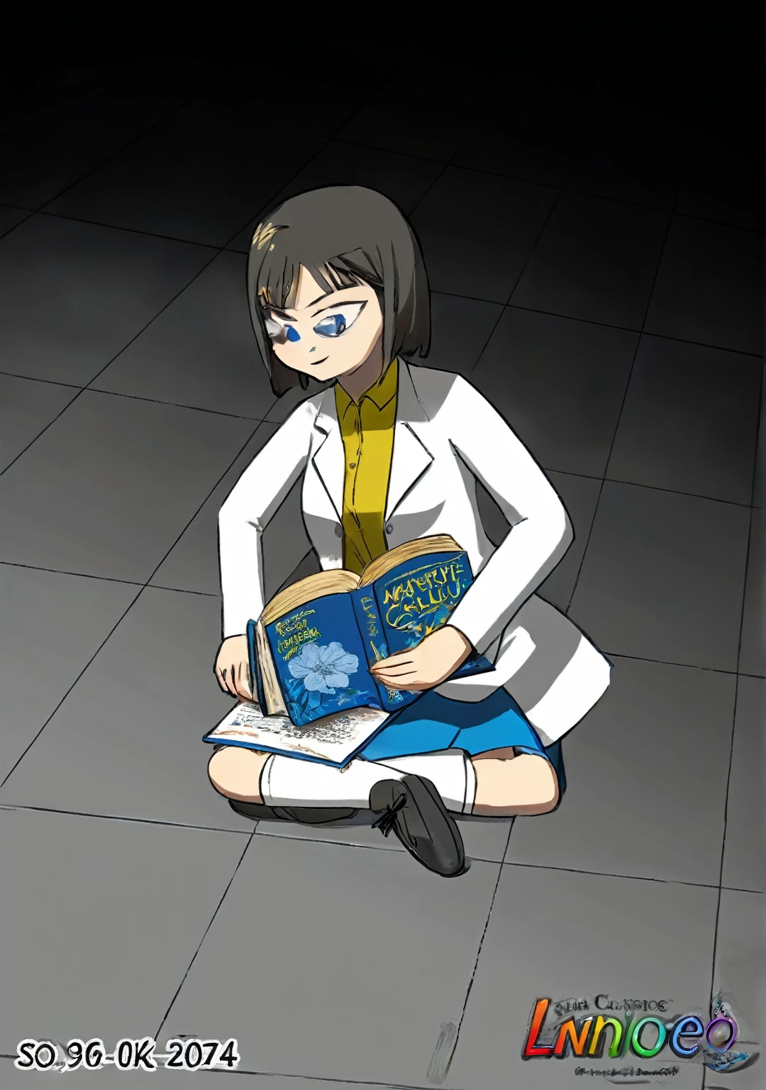 a girl with dark hair, beautiful detailed eyes, blue eyes, flower hairpin, wearing a white lab coat, yellow shirt, blue skirt, black shoes, white socks, holding a dark blue calculus book, writing and studying on the floor, in a half-dark room, (best quality,4k,8k,highres,masterpiece:1.2),ultra-detailed,(realistic,photorealistic,photo-realistic:1.37),hyper detailed,intricate,highly detailed,extremely detailed,extremely detailed facial features,mouthopen,hands visible,chiaroscuro lighting,dramatic lighting,warm color palette,elegant,academic,studious,focused,intellectual