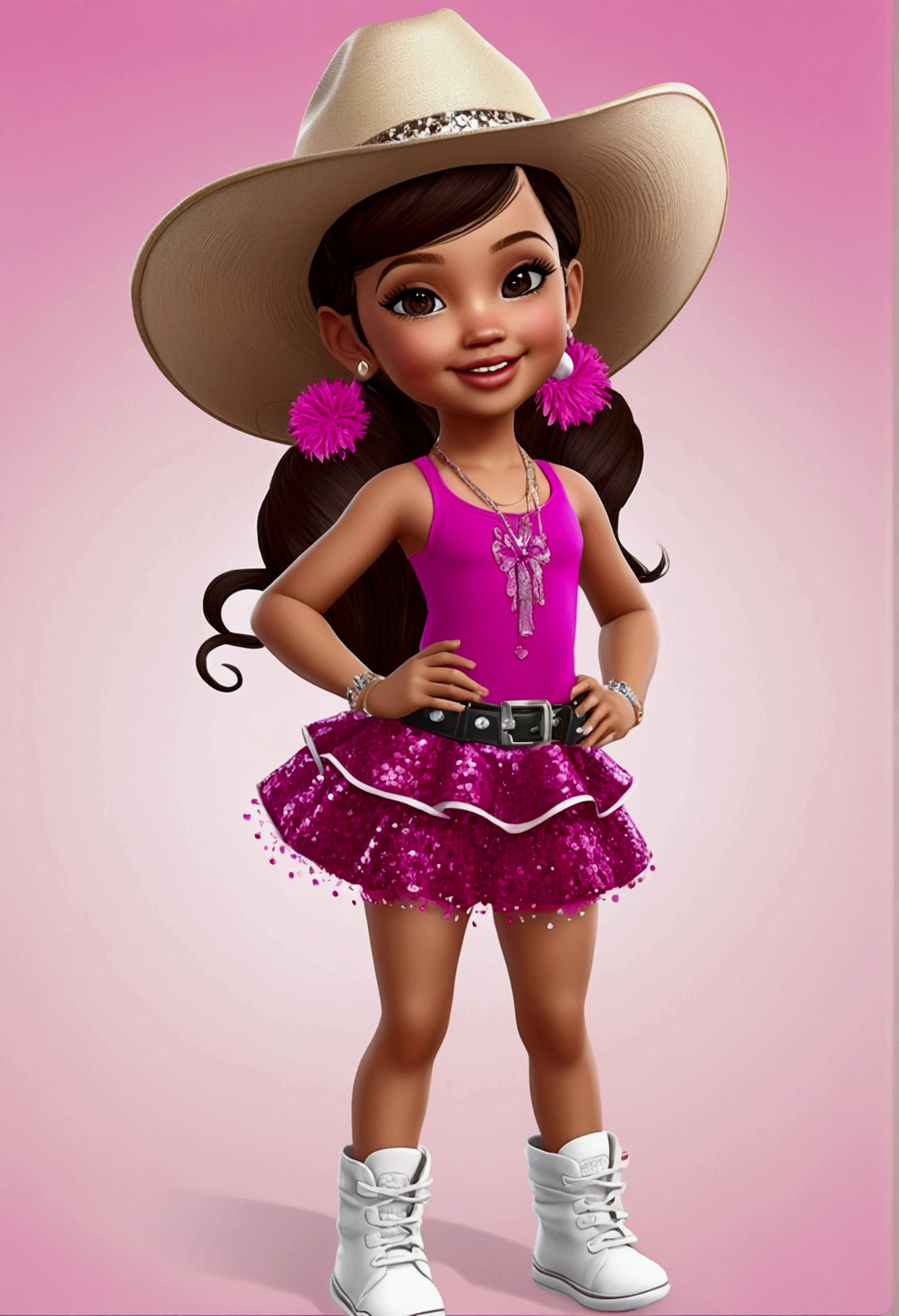 a digital illustration imvu style, baby ???, cute miniature, fullbody, the sims 4 style fashion wonderful girl, big eyelash, extravagant, big lips, fushia pink glitter cowgirl outfit, white background, center photo, smiling, realistic,happy, vivid, bright, white shoes, hat, latin, ponytail hairstyle, brown skintone, bratz
