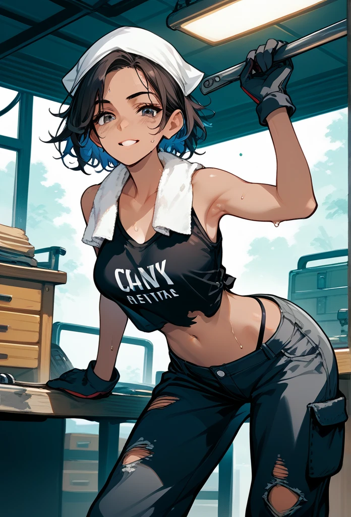 masterpiece, best quality, mature woman, messy hair, black hair, brunette gradient hair color, hot face, (tomboy face), tan skin, mature body, fit body, medium breasts, mechanic gloves, (dirty tank top), stained tank top, midriff, white bandana, mechanic pants, loose pants, workshop, (sweaty), bending over, towel around neck, black thong lines, ripped pants, spreading legs