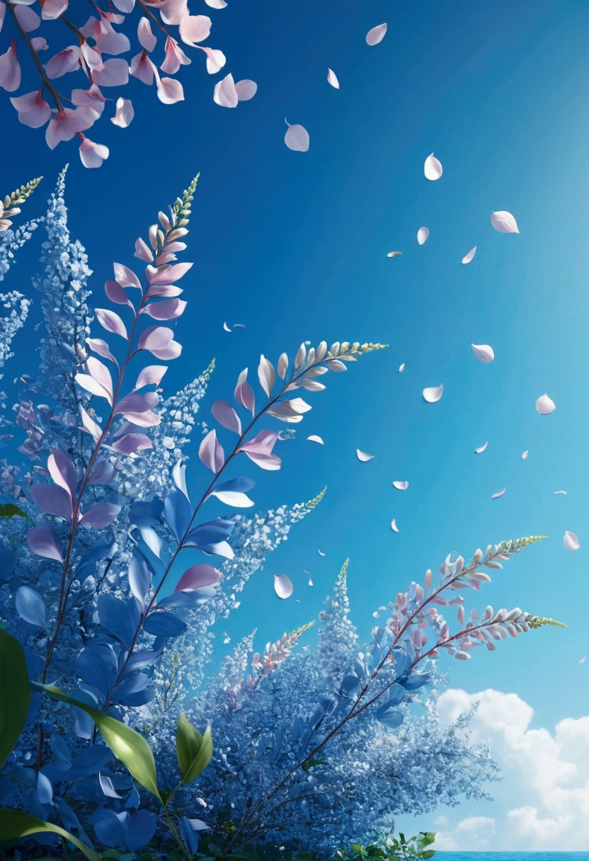 Masterpiece, best quality, (very detailed CG unity 8k wallpaper) (best quality), (best illustration), (best shadows) Nature', blue sea,delicate leaves petals of various colors falling in the air light Tracking, super detailed --v6
