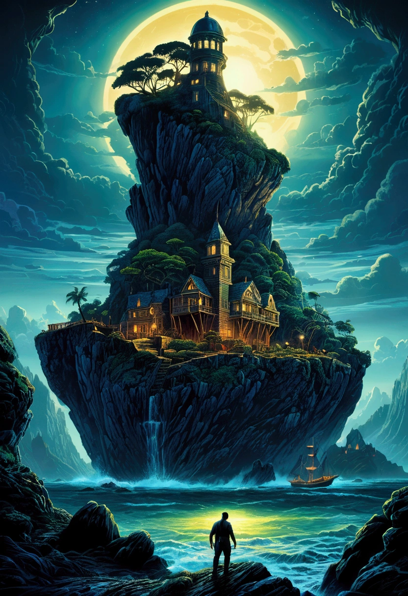 Mysterious Island, Mysterious atmosphere, exaggerate lighting, by Tang Yau Hoong, cinematic still, (best quality, masterpiece), very aesthetic, perfect composition, intricate details, ultra-detailed, vivid colors