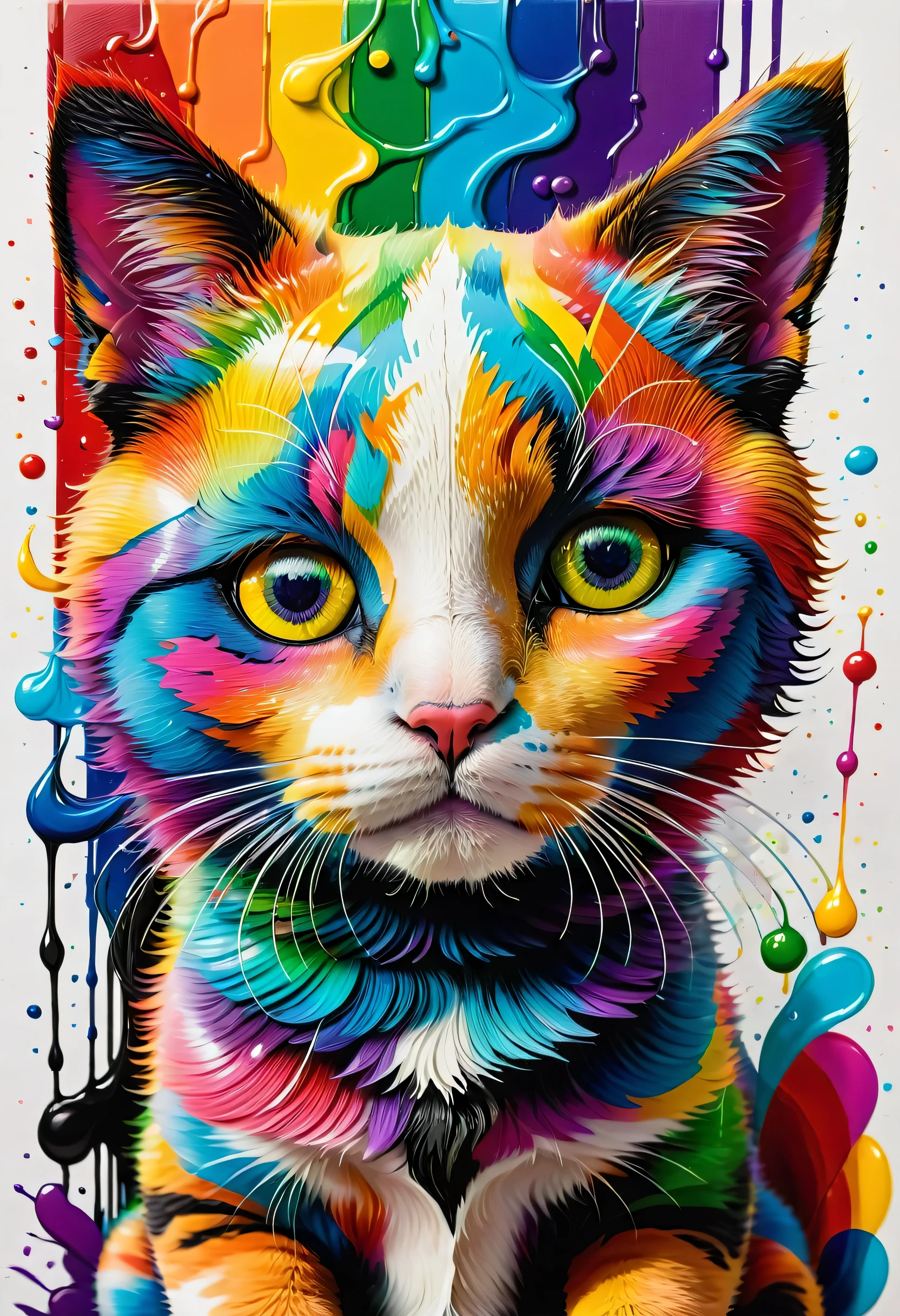 graphics, diverse and fun geometric figures, rainbow, Romero Britto, a head dog, very detailed mane ((White background)), piercing eyes, colorful and cheerful cat, abstrato, Epic Instagram, art station, colorful ink wink style wink+, Contour, hyper-detailed intricately detailed, awesome, details Intricate, splashscreen, colors complementary, conceito realista abstrato Romero Britto de arte, 8k, deviantart masterpiece, oil painting, heavy brush strokes, paint drips, splash arts.