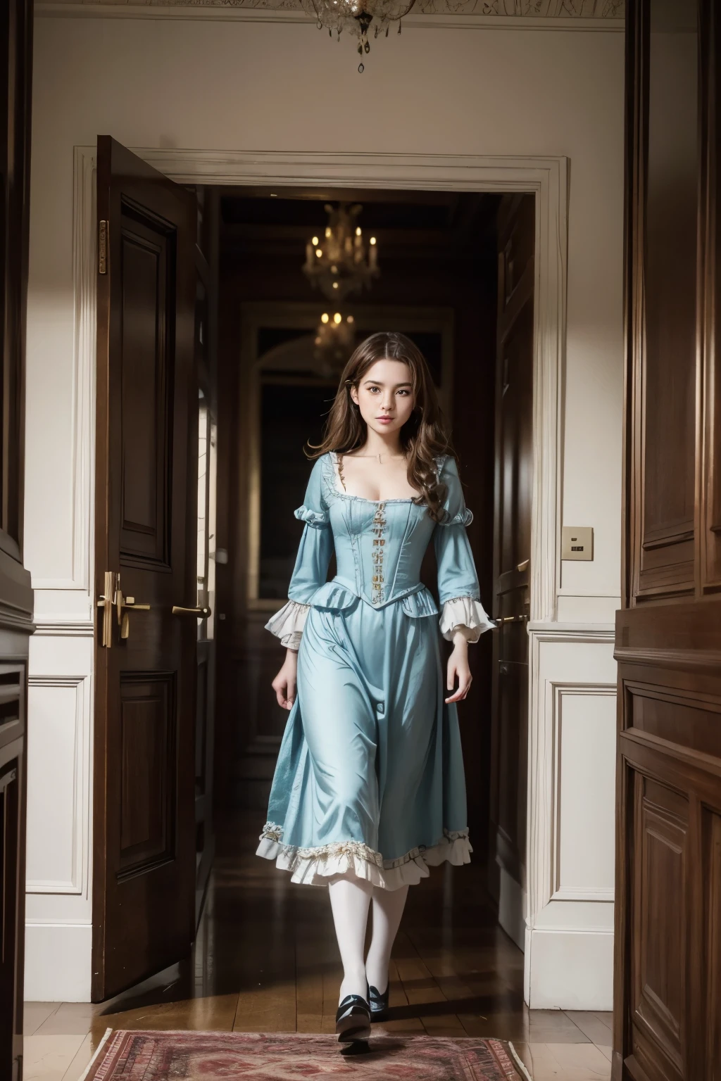 imagine a scenario in which a woman, 20 year, skin fair, brownhair, stroll through the avenues of a mansion in 17th century England, dressed in period costumes.