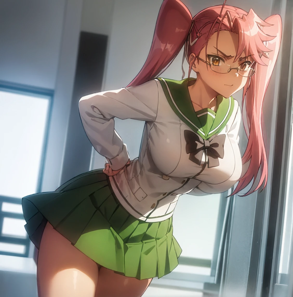 ((1girl)),((alone)),takagi saya,(masterpiece), (best quality), (ultra detailed), (best illustration), (best shadow), (absurdities), sharp focus, cowboy photo , looking at viewer, big breasts, narrow waist, wide hips, medium thighs, round butt, dynamic posture, pink hair, two pigtails, glasses, , green sailor collar, black bow tie, white shirt, long sleeves, pleated skirt, green skirt, short skirt, black calf-length stockings, brown loafers , long hair, skirt, serafuku, brown eyes, ribbon, yellow eyes, seductive smile, closed mouth, (sexy pose: 1.2), alone, standing: 1.3, interior, school, classroom, seats, desk, window, sunset, looking forward ((focus on hips)), point of view (from middle), red blush, perfect anatomy, perfect hands