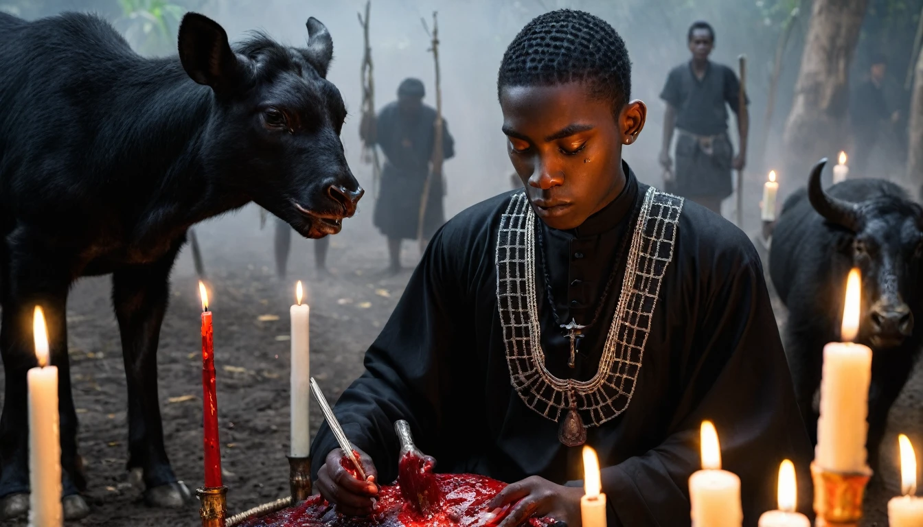 hree 20 year old MEN in black tunic, sacrificing animals with Blood, candles, voodoo, clear and ultra realistic image