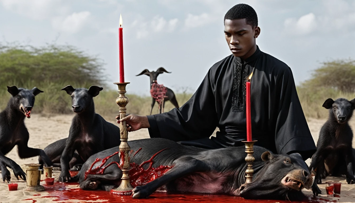 hree 20 year old MEN in black tunic, sacrificing animals with Blood, candles, voodoo, clear and ultra realistic image