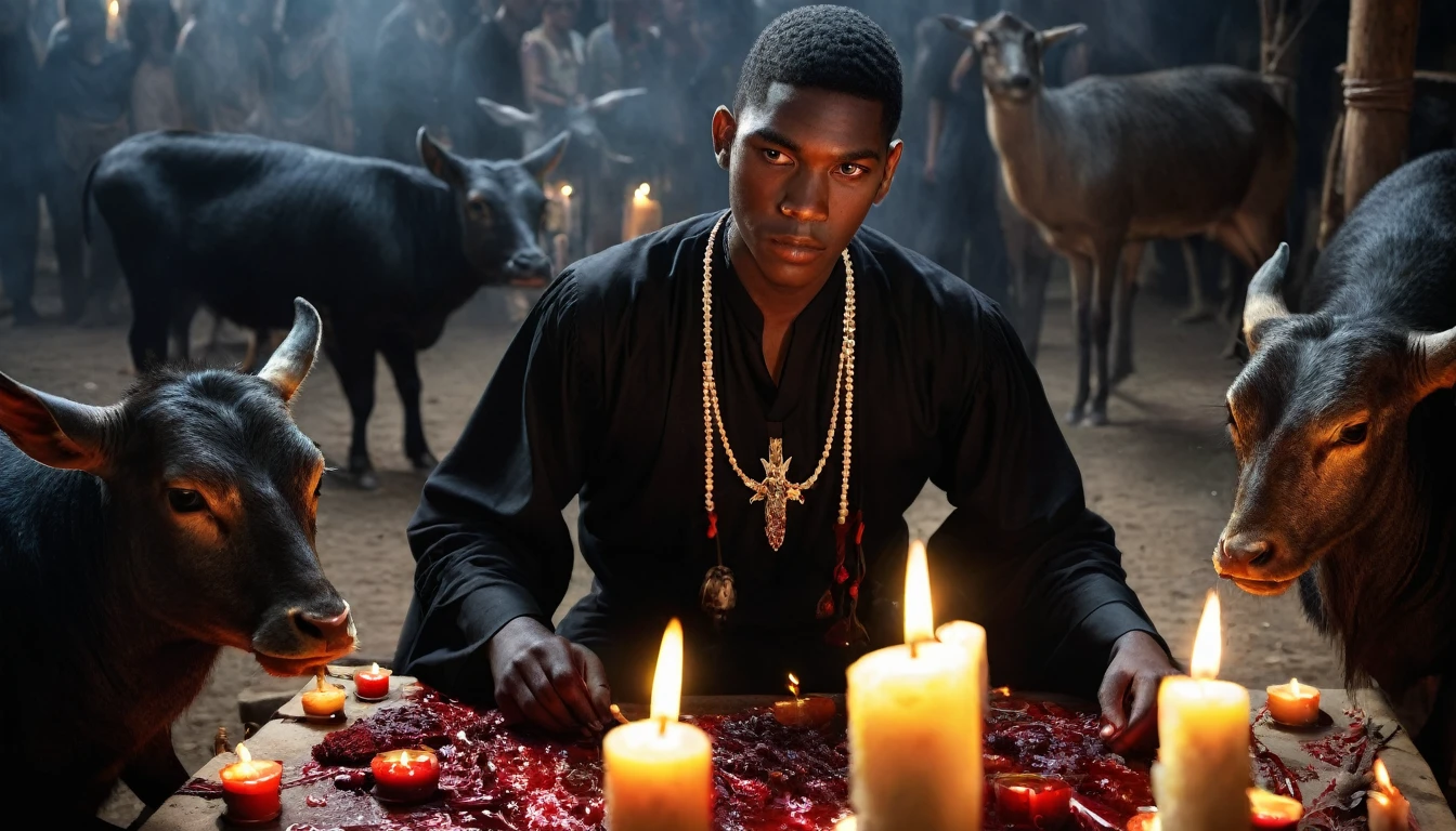 hree 20 year old MEN in black tunic, sacrificing animals with Blood, candles, voodoo, clear and ultra realistic image