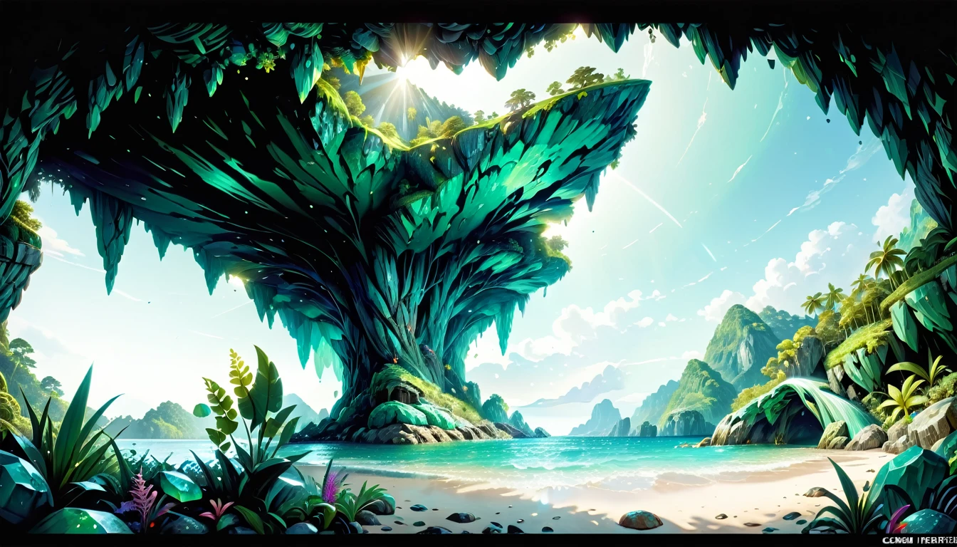 natural gemstones shine brightly, green cave, (masterpiece:1.2), best quality, high quality, ultra high res, (hyper detailed), absurdres, absolutely resolution, 4K, ultra HD, insanely detailed and intricate, high resolution, HDR, detailed background, sea seen beyond the forest, 