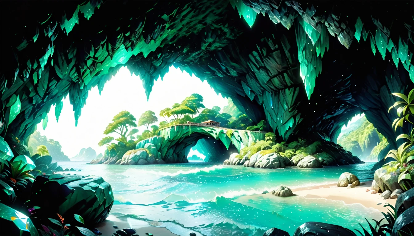 natural gemstones shine brightly, green cave, (masterpiece:1.2), best quality, high quality, ultra high res, (hyper detailed), absurdres, absolutely resolution, 4K, ultra HD, insanely detailed and intricate, high resolution, HDR, detailed background, sea seen beyond the forest, 