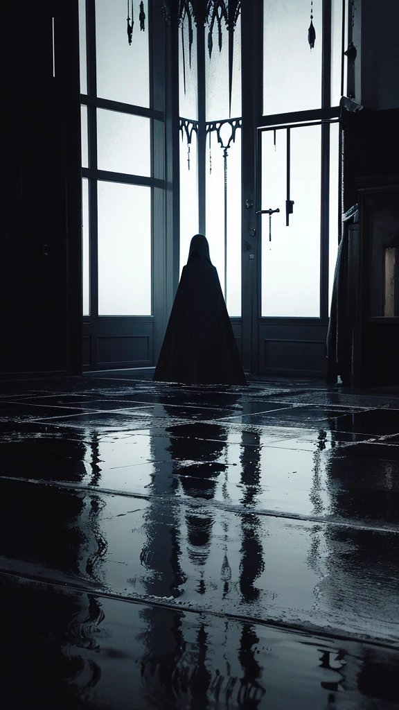 A mysterious and threatening figure, partially hidden in shadows. It could be a hooded figure or a sinister creature, with eyes glowing in the dark. The silhouette must be imposing, instilling a sense of imminent danger, Add subtle horror elements, like shadows that seem to have a life of their own, esoteric symbols drawn on the walls, or disturbing reflections in puddles of water, The style should be dark and disturbing, with predominantly dark colors (blackw, gris, deep purple). Use grainy textures and distortion effects to increase the feeling of discomfort