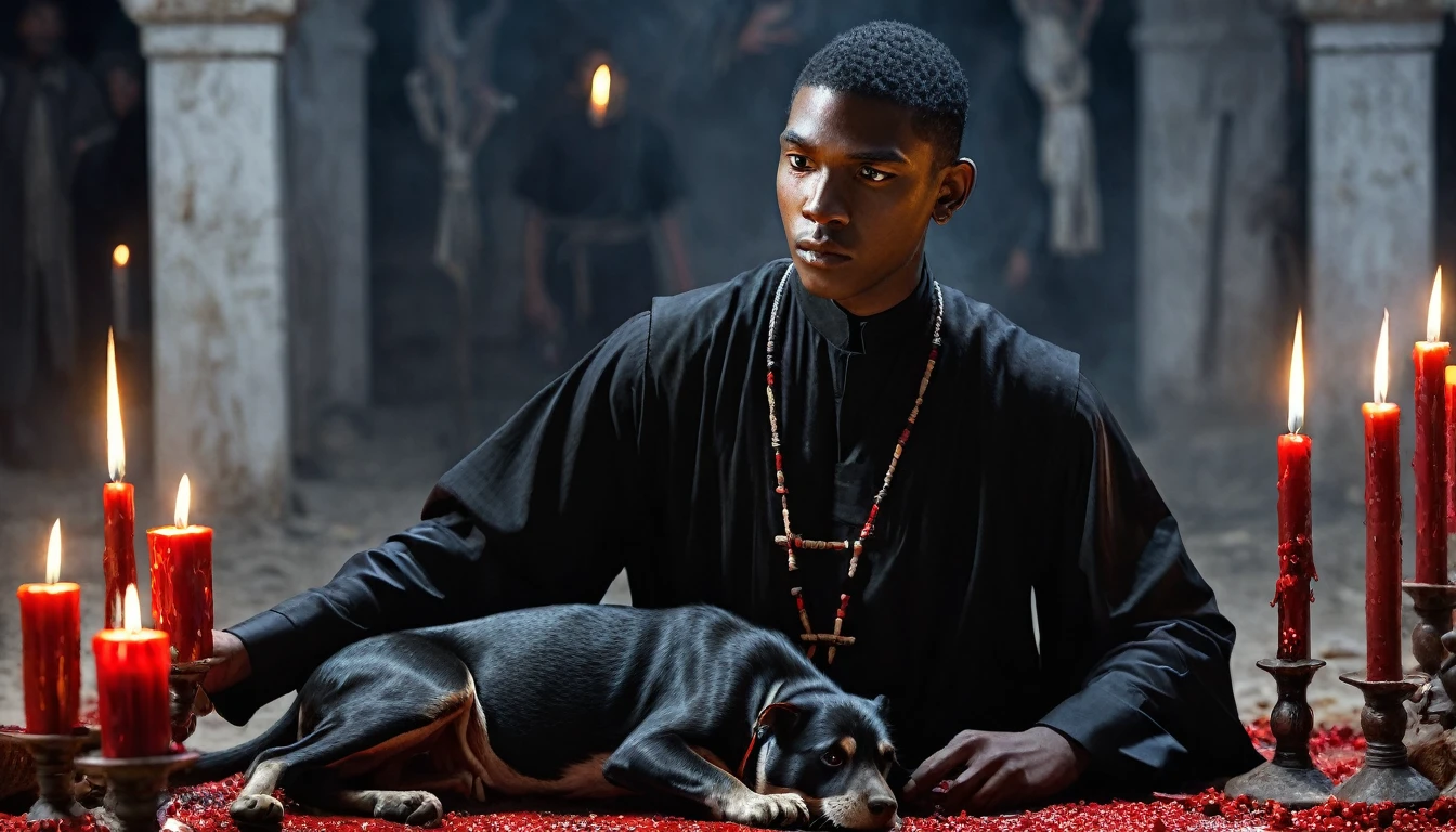 hree 20 year old MEN in black tunic, sacrificing animals with Blood, candles, voodoo, clear and ultra realistic image