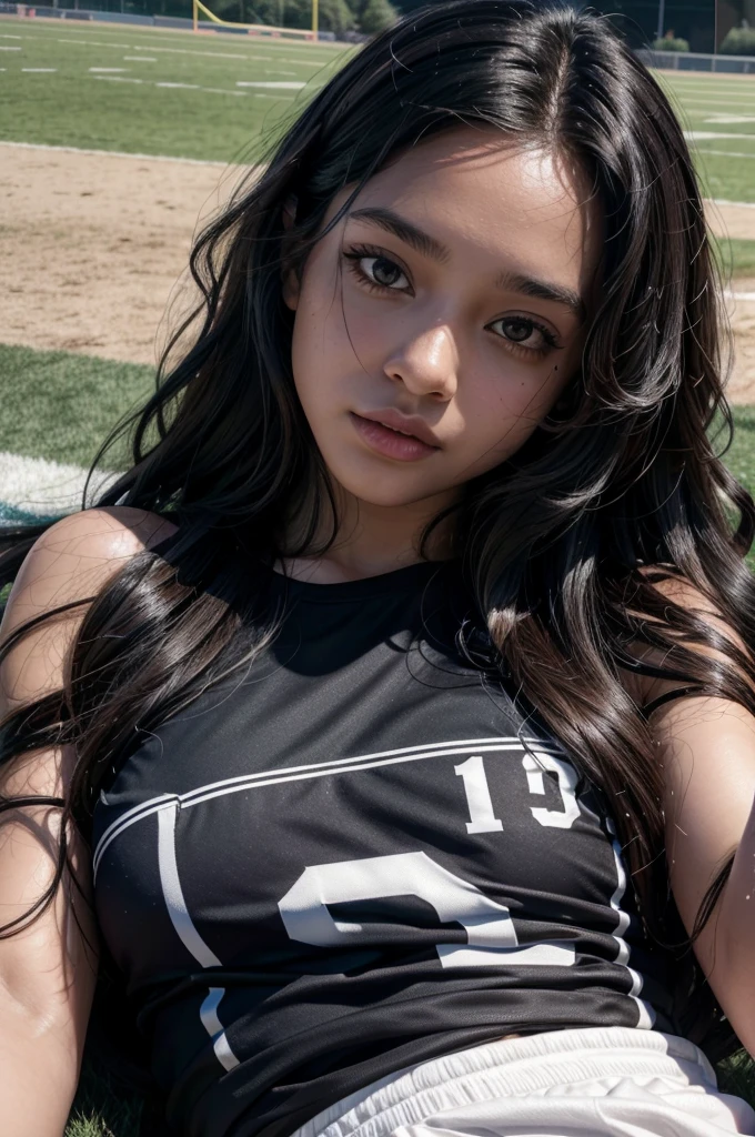 A woman lying on the football field half black with big black wavy hair, Delicate facial features, realistic picture quality, An American woman, age about 13 years, with the armpit raised and the sample well, Surreal sem short