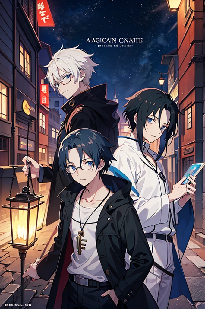 anime - style image of a man wearing a black coat and glasses, tall anime boy with dark blue eyes, long black haired magician, isekai anime art style, inspired by Nagato Uzumak, anime key art, man, inspired by Itachi Uchiha, male anime character, anime medieval city background.